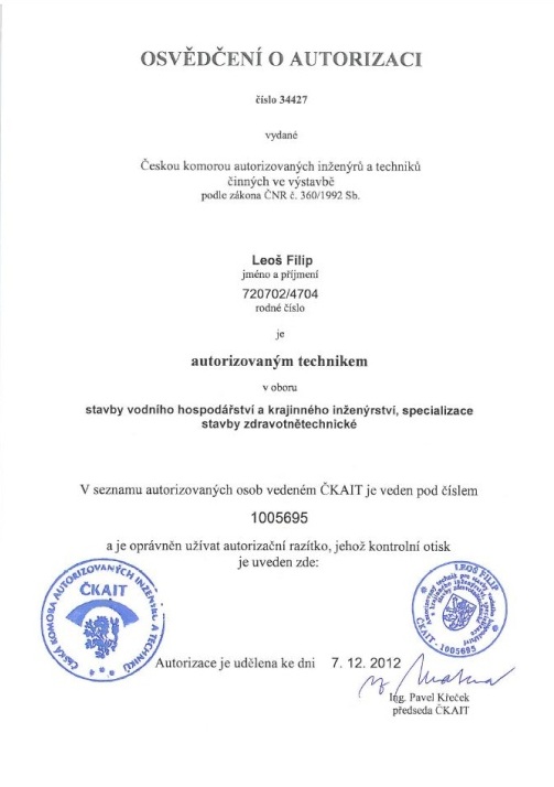 Osvědčení staby vodního hospodářství a krajinného inženýrství, specializace stavby zdravotnětechnické.